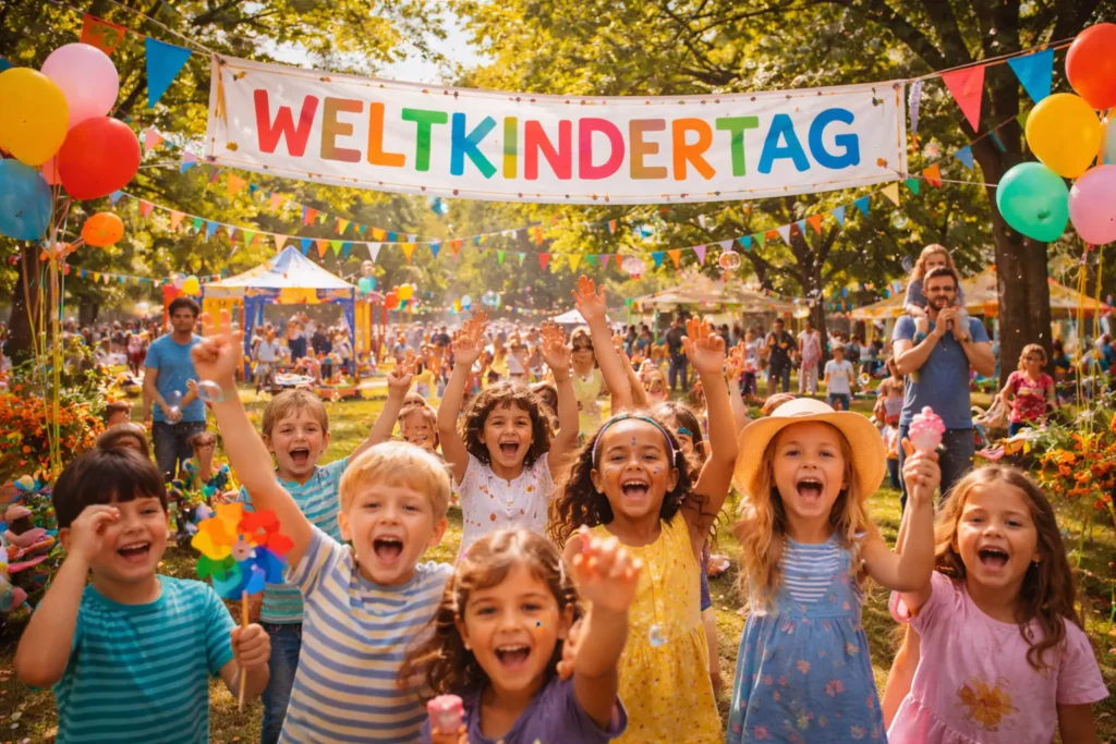 Kinder feiern den Weltkindertag in einem festlich geschmückten Park mit bunten Ballons und Spielen.