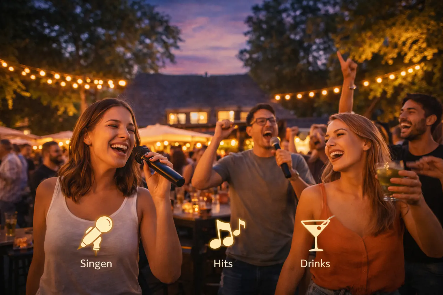 Eine Gruppe von Menschen singt begeistert bei einem Abend-Event mit Lichtern und Getränken im Freien.