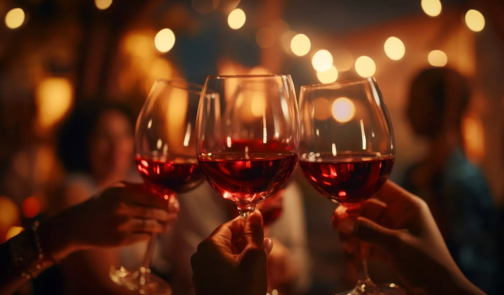 Drei Gläser Rotwein werden in einem festlichen Ambiente mit Lichtern angestoßen.