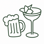 Ein Bierkrug und ein Cocktailglas mit Limettenst&uuml;cken, in einem minimalistischen, gr&uuml;nen Linienstil dargestellt.