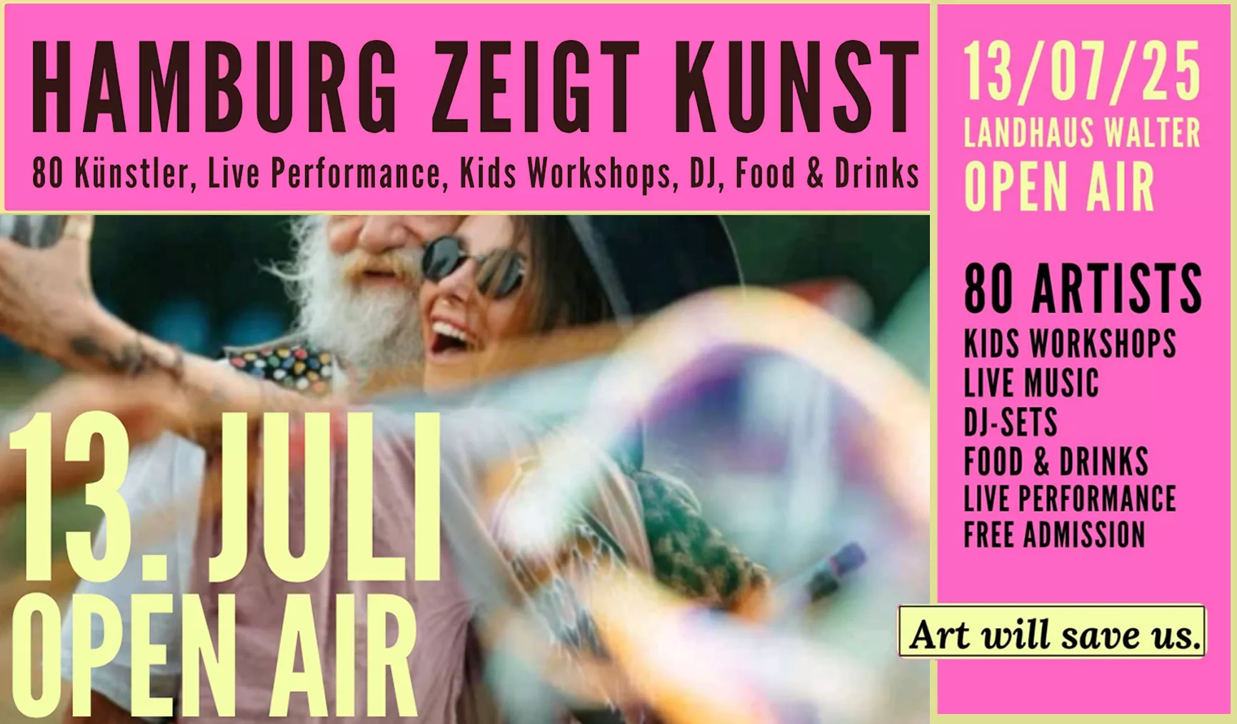 Kunstveranstaltung in Hamburg, mit fröhlichen Menschen, Informationen zu Workshops, Musik und Essen im Freien.