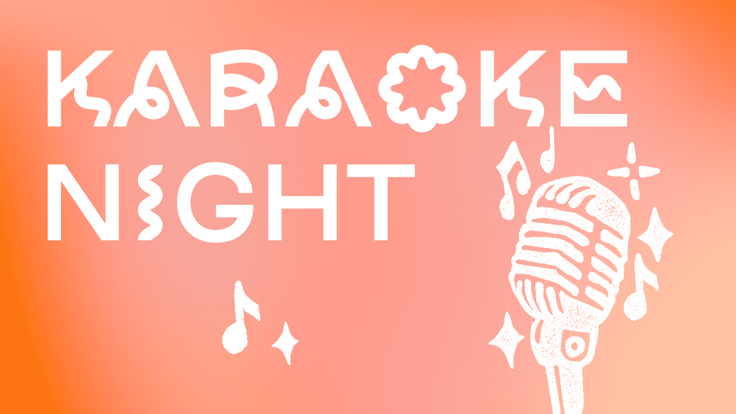 Karaoke-Nacht-Poster mit weißem Text und einem Mikrofon, umgeben von Musiknoten auf orangefarbenem Hintergrund.