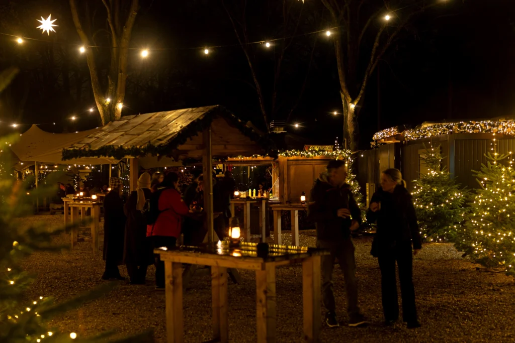 Weihnachtsmarkt mit festlich beleuchteten Ständen, Tannenbäumen und Menschen, die sich unter Lichtern unterhalten.