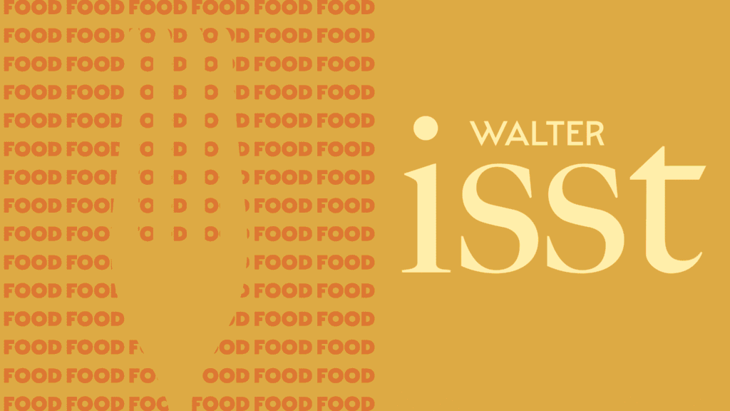 Ein orangefarbener Hintergrund mit dem Text "WALTER isst" und wiederholten Wort "FOOD" in verschiedenen Schriftgrößen.