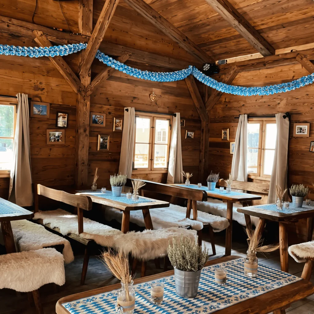 Bayerisches Gasthaus mit Holzverkleidung, blauen Dekorationen und Tischen, die mit weißen Tischdecken und Lavendel geschmückt sind.
