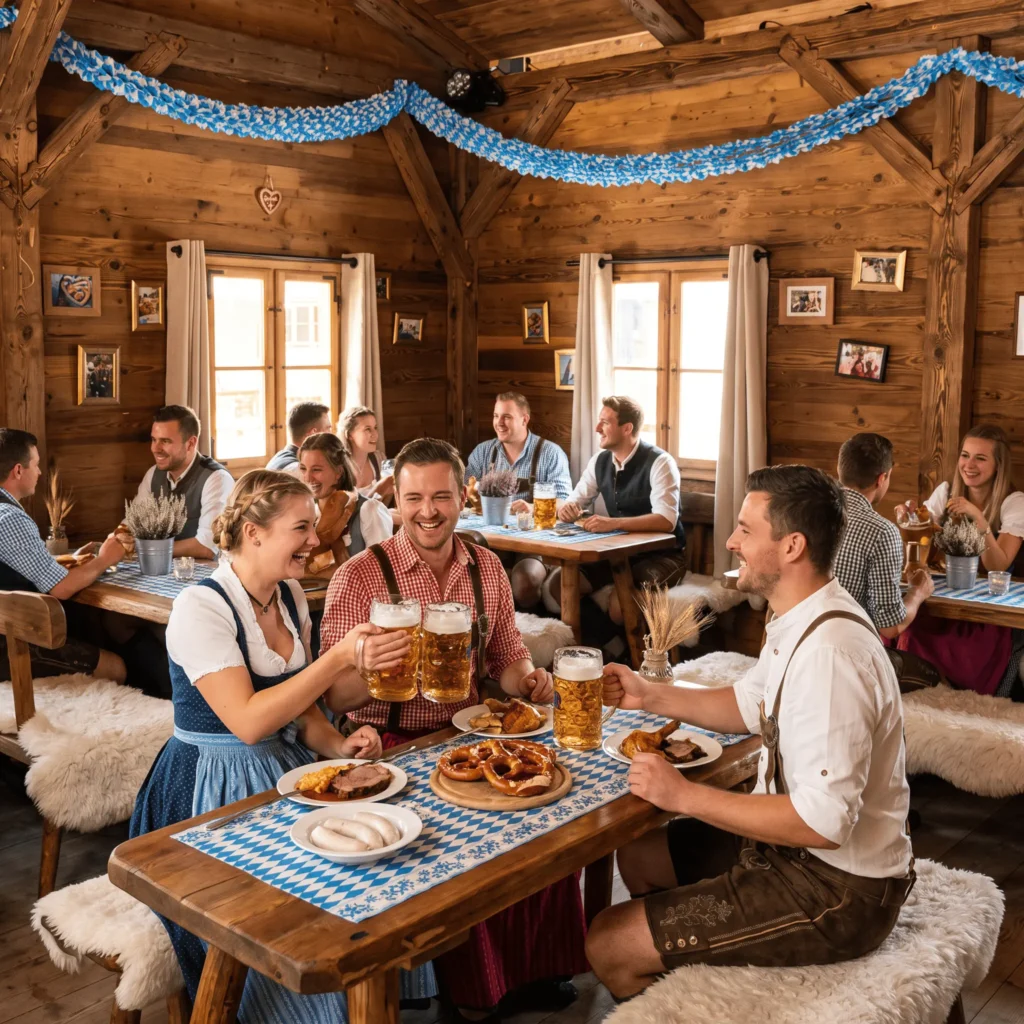 Bayerische Feier in einer rustikalen Stube mit traditioneller Tracht, Bier und Speisen an Holztischen.
