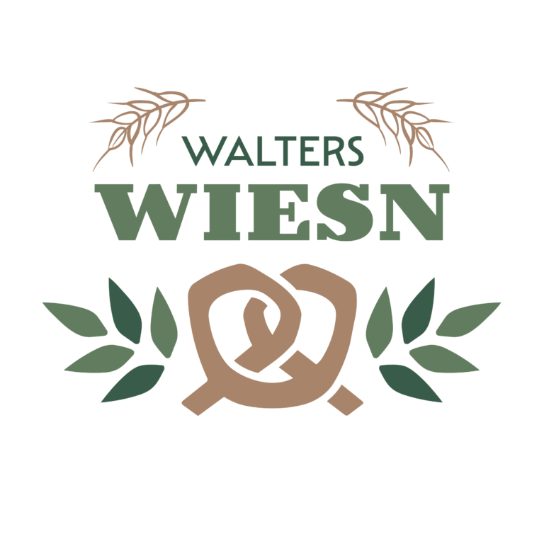 Logo mit dem Schriftzug "WALTERS WIESN" und einer Brezel, umgeben von stilisierten Bl&auml;ttern und &Auml;hren.