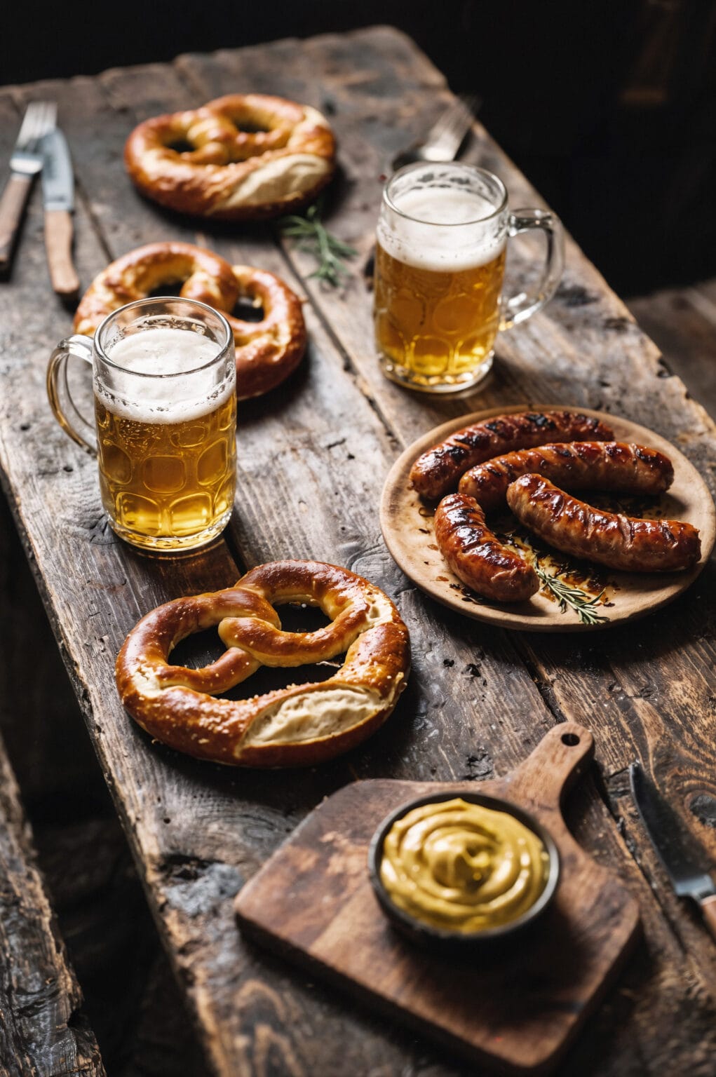 Bierkr&uuml;ge, Brezeln und Bratw&uuml;rste auf einem rustikalen Holztisch, begleitet von Senf in einer Schale.