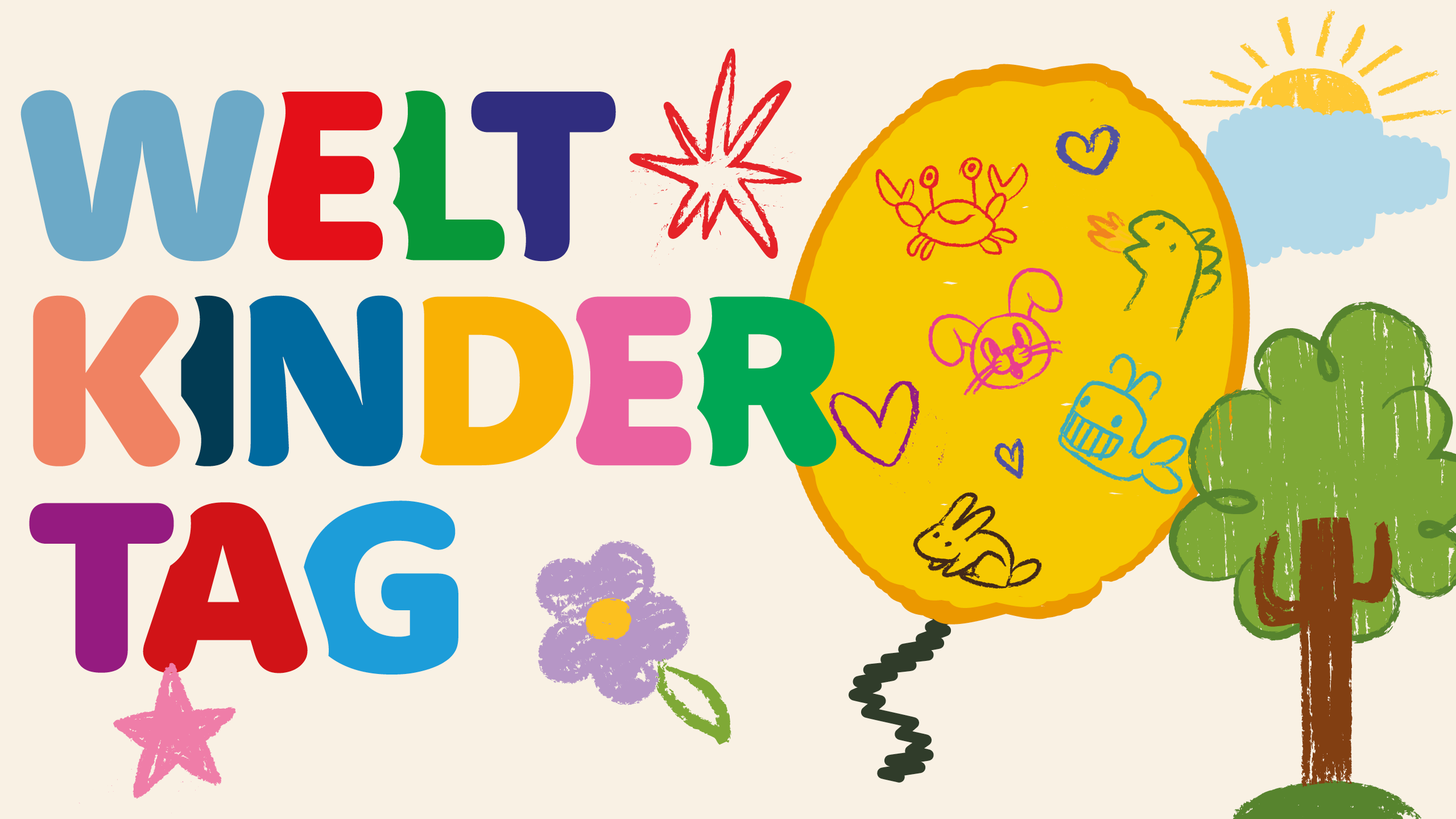 Bunte Illustration zum Weltkindertag mit einem gelben Ballon, Kinderzeichnungen und fröhlichen Schriftzügen.