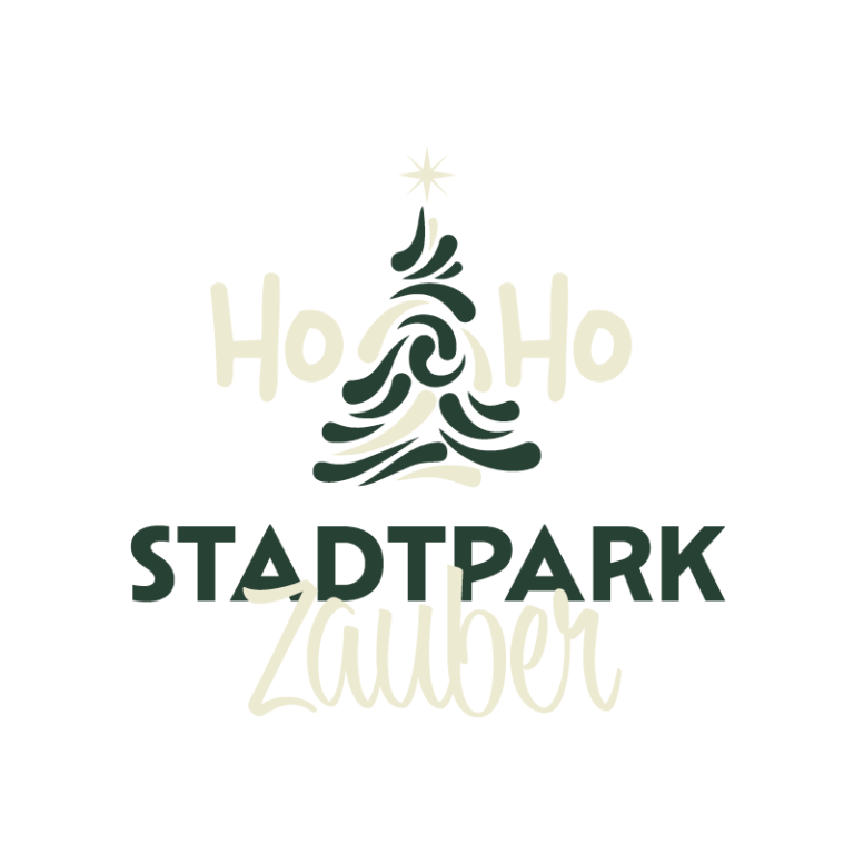 Weihnachtsbaum-Illustration mit dem Schriftzug "STADTPARK Zauber" in festlichem Design.